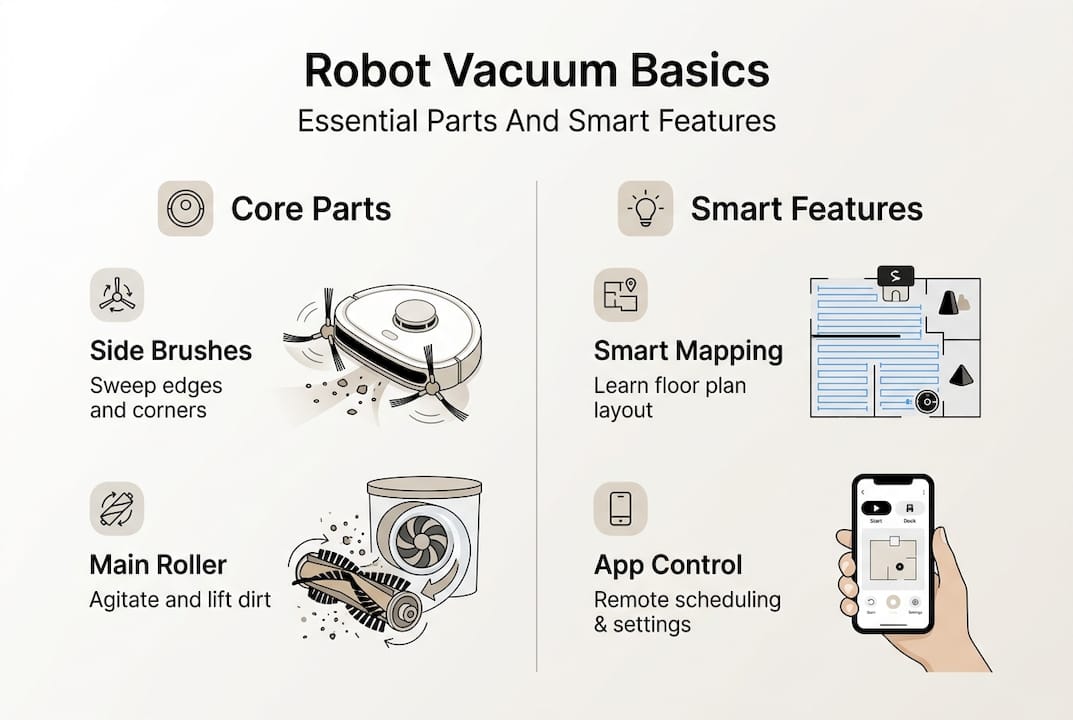 Infographic showing robot vacuum main parts and features