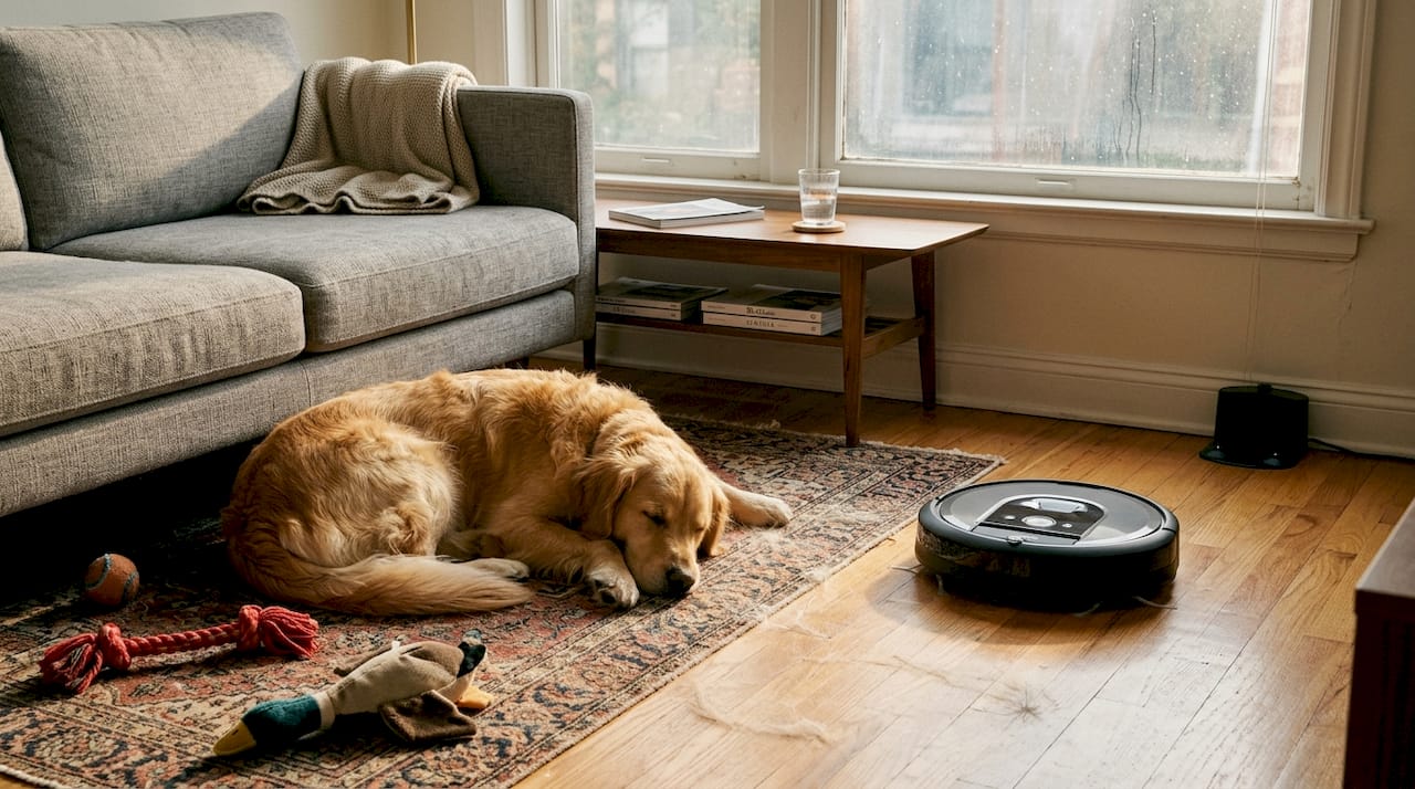 Robot vacuum cleaning pet hair near dog