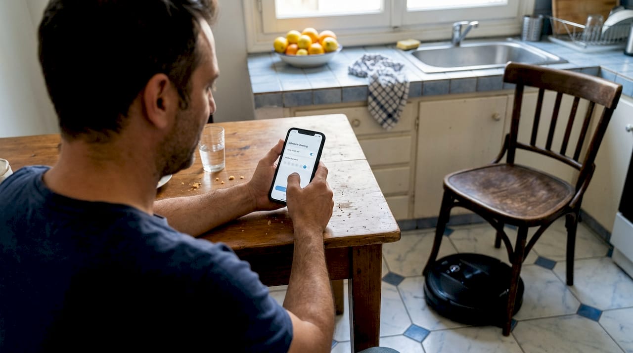Man controls robot vacuum with smartphone app
