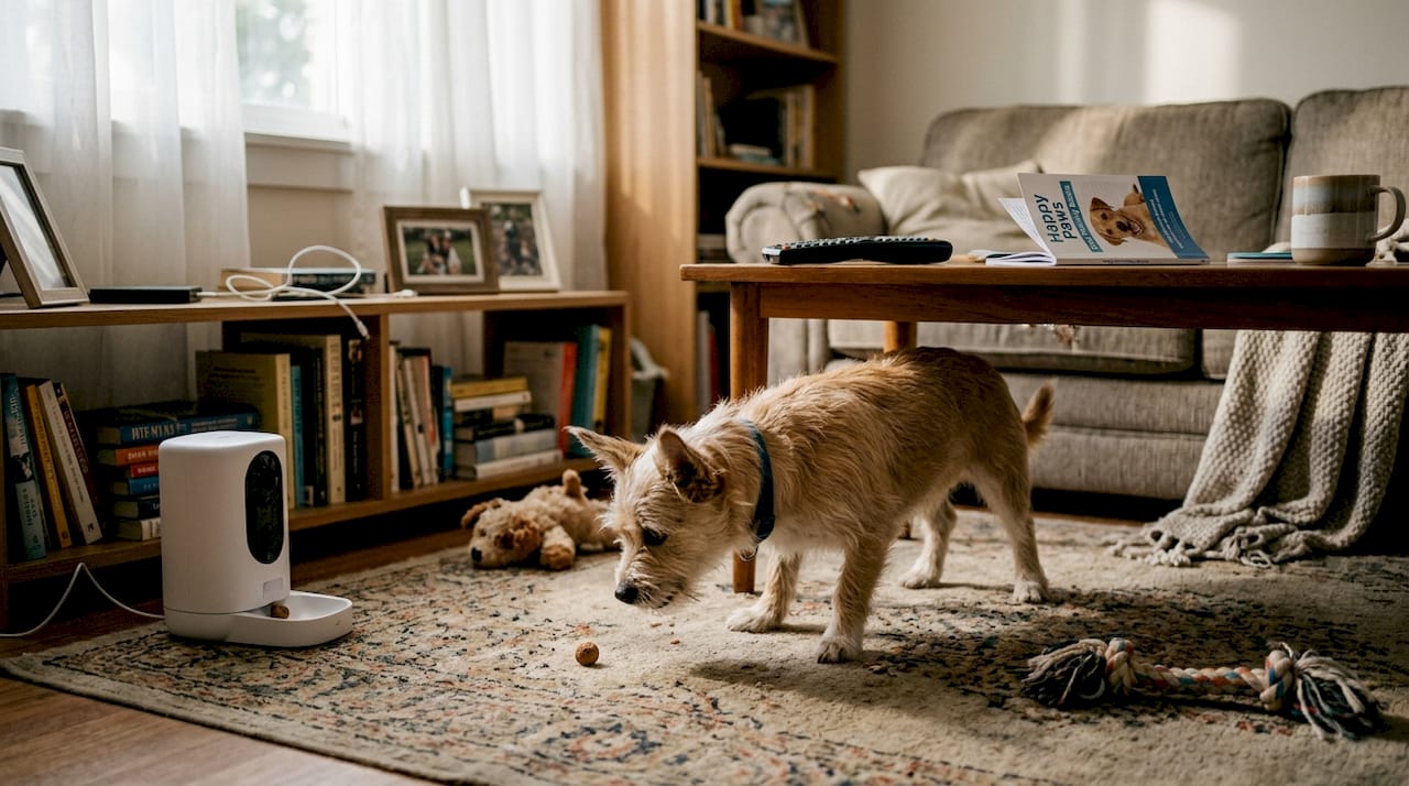 Dog interacts with pet camera treat dispenser