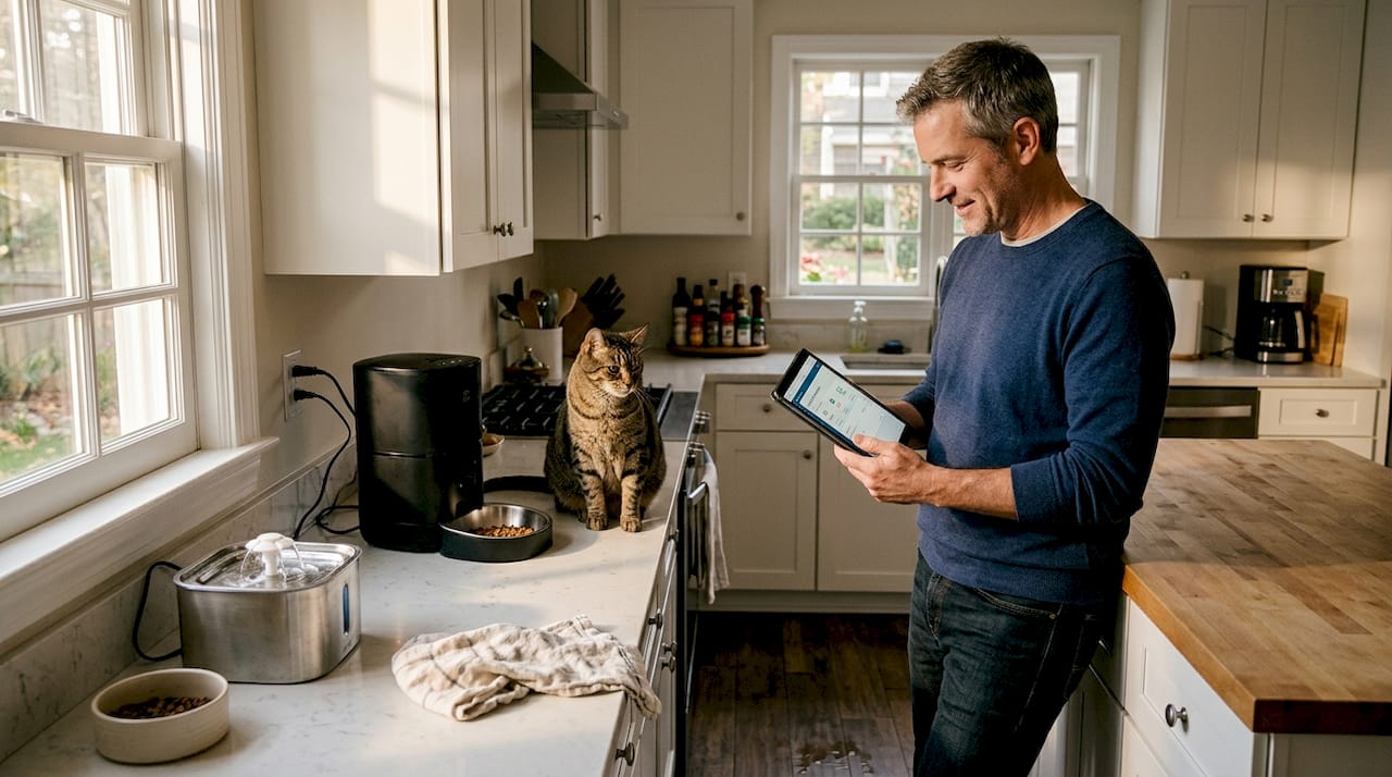 Greek kitchen with smart pet tech in use