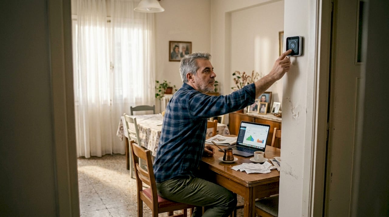 Man adjusts smart thermostat in Greek home