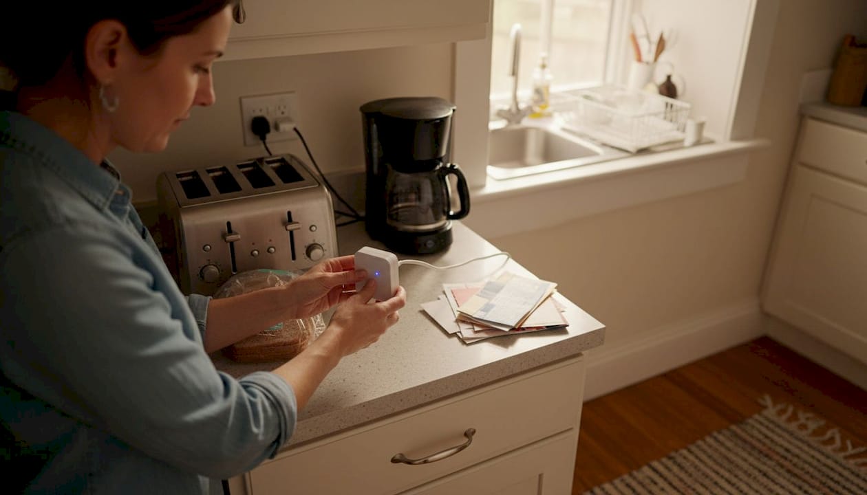 Woman adding smart plug to kitchen outlet