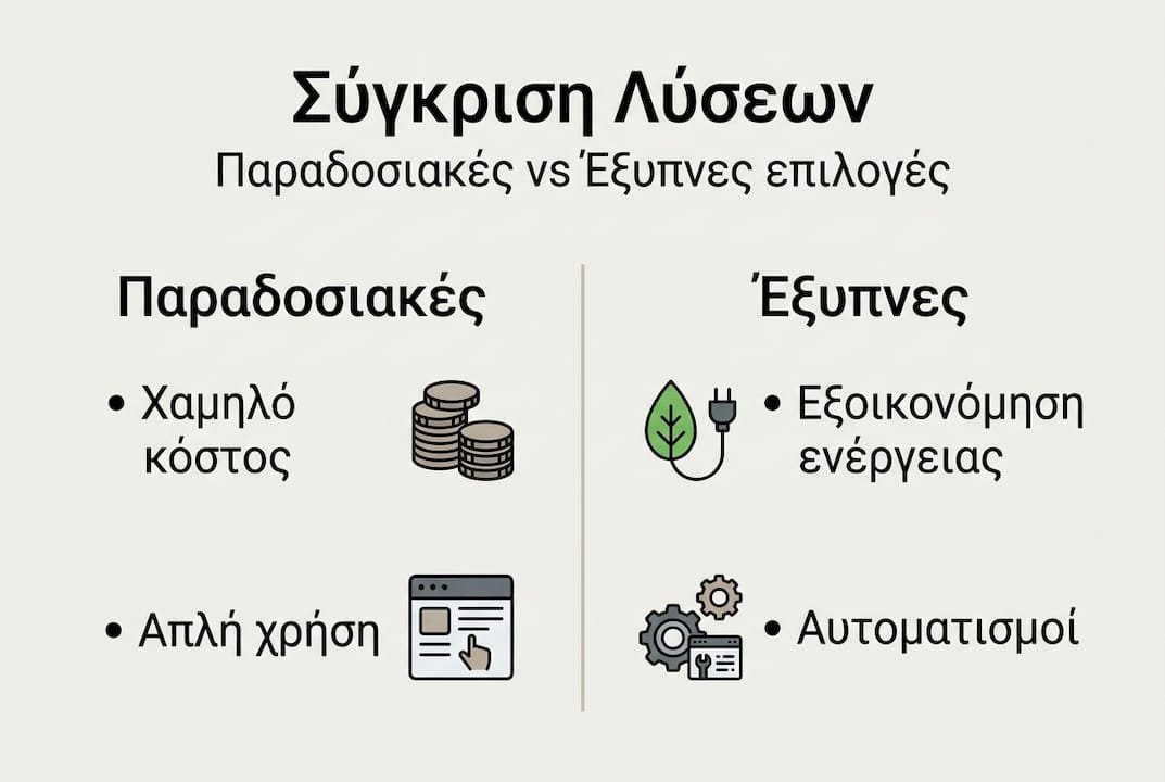 Λιτή απεικόνιση που αναδεικνύει τις διαφορές ανάμεσα στις παραδοσιακές και τις έξυπνες λύσεις