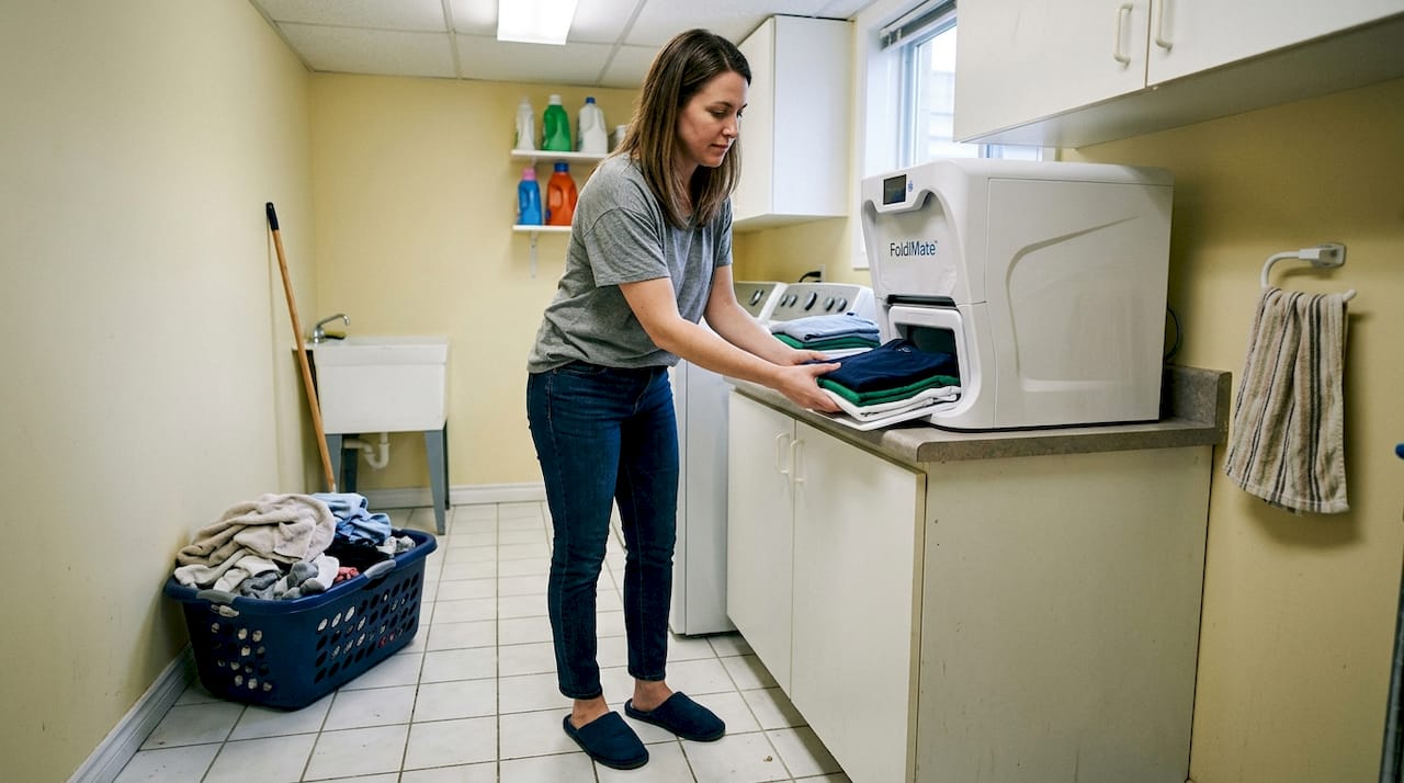 Woman using automatic laundry folding machine