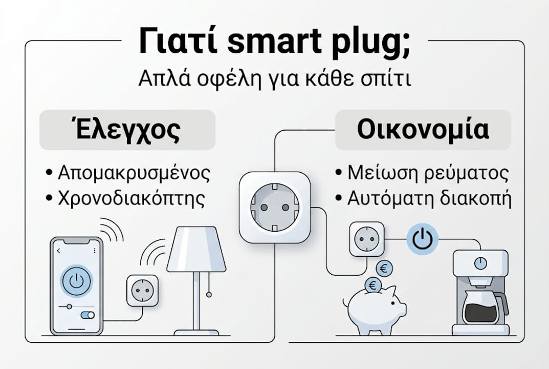 Εικονογραφημένη παρουσίαση με τα βασικά οφέλη και τις διαφορετικές κατηγορίες των έξυπνων πριζών