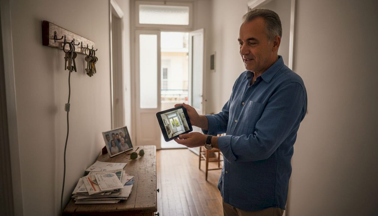 Man checking smart home security camera feed