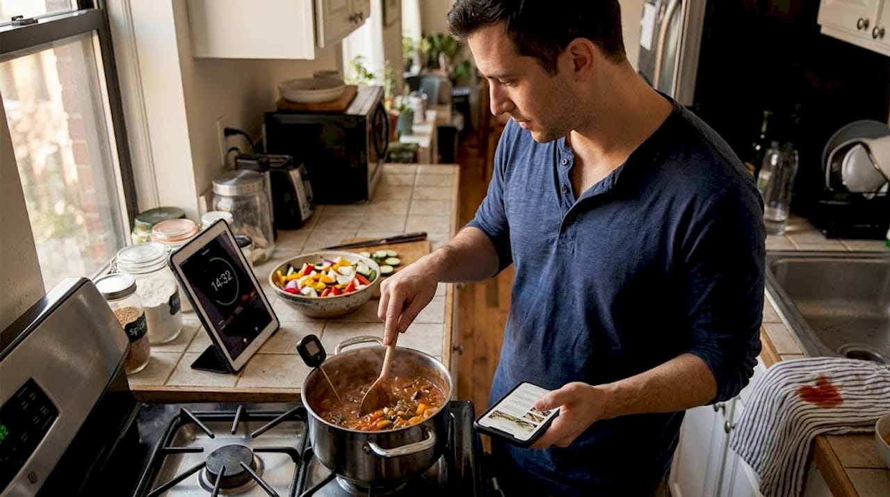 Person using multiple connected devices cooking