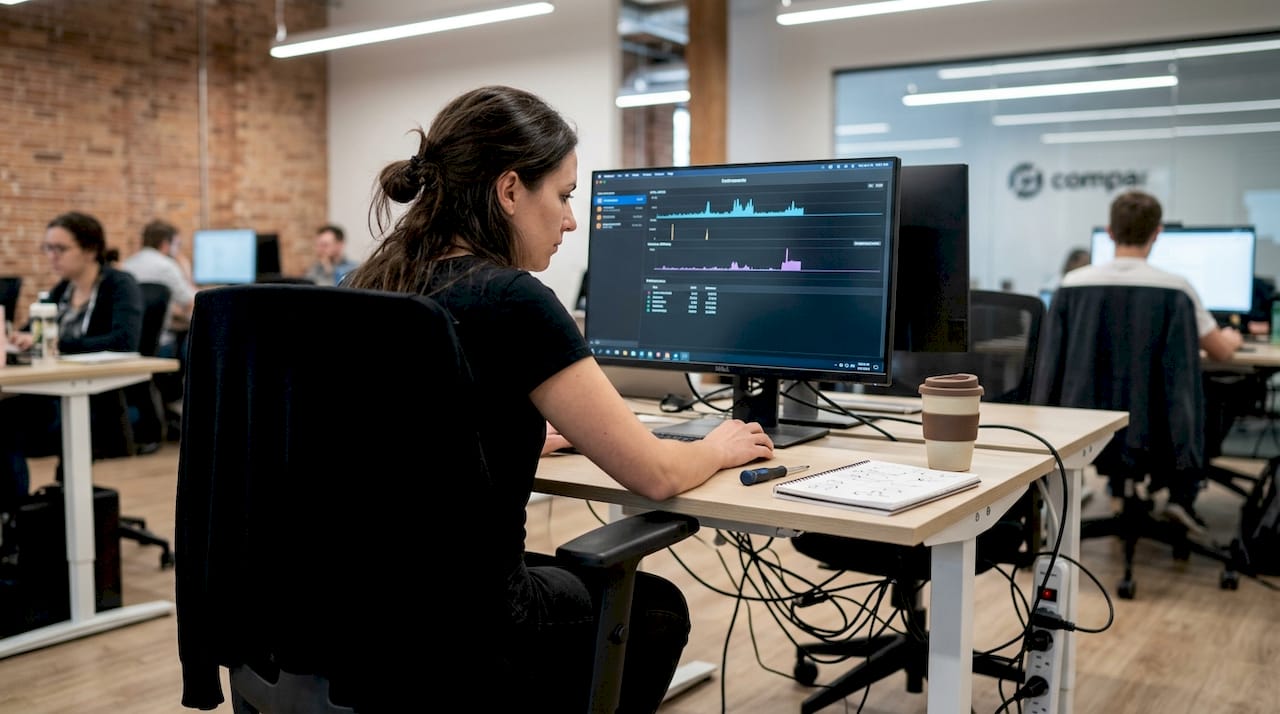 Woman analyzing device performance with developer tools