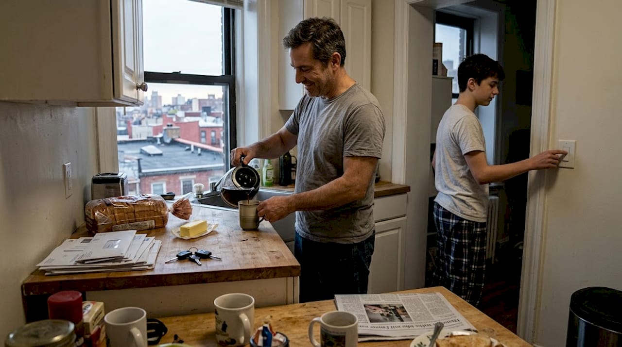 Family using smart accessories in home morning routine