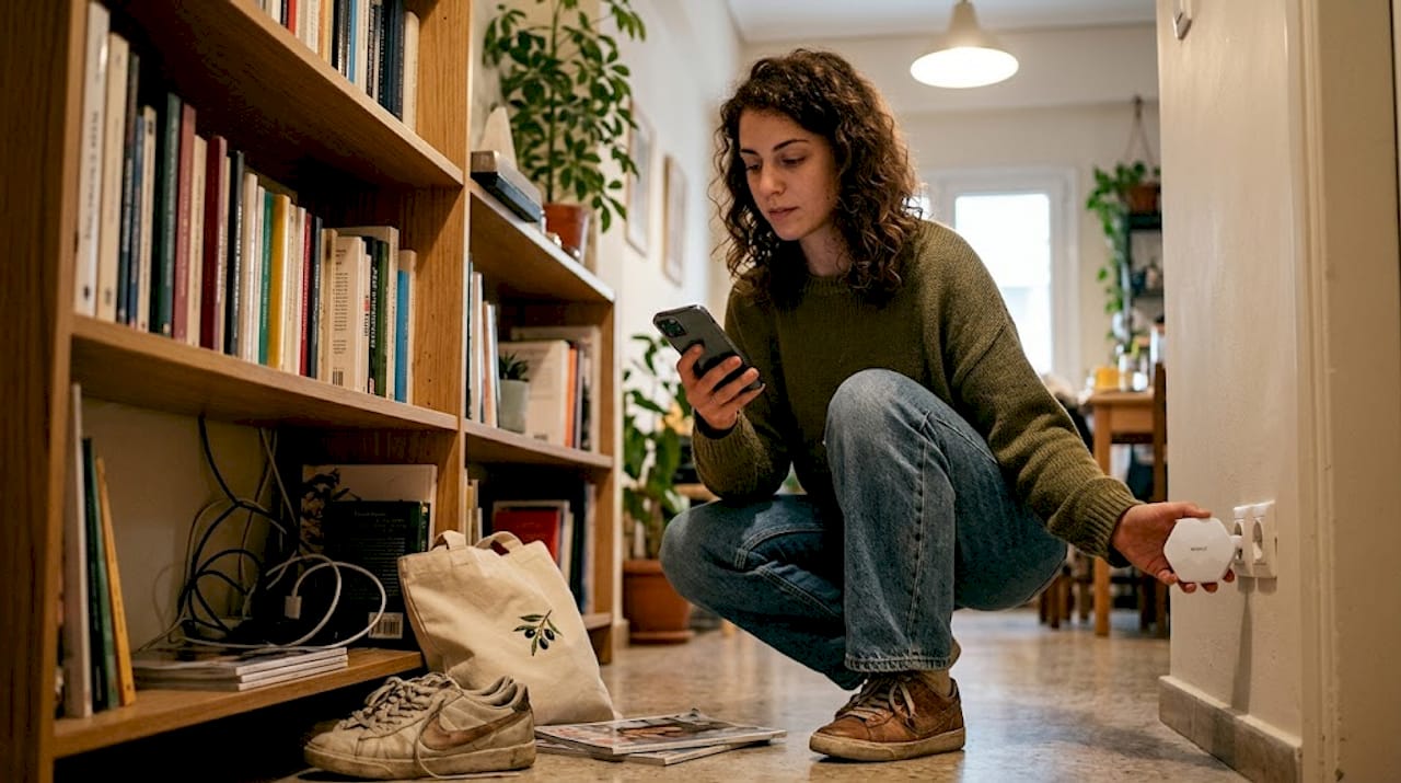 Γυναίκα τοποθετεί σύστημα mesh WiFi στο διαμέρισμά της