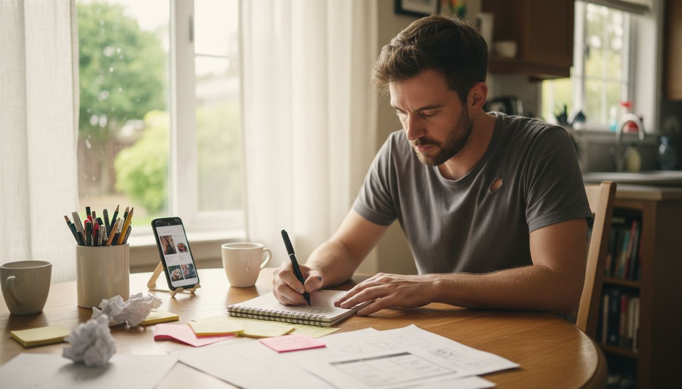 Designer sketching wireframes at kitchen table