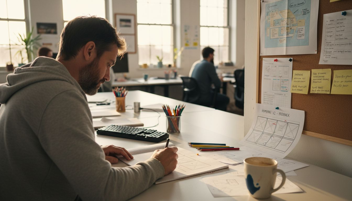 Web designer sketching user-friendly website changes