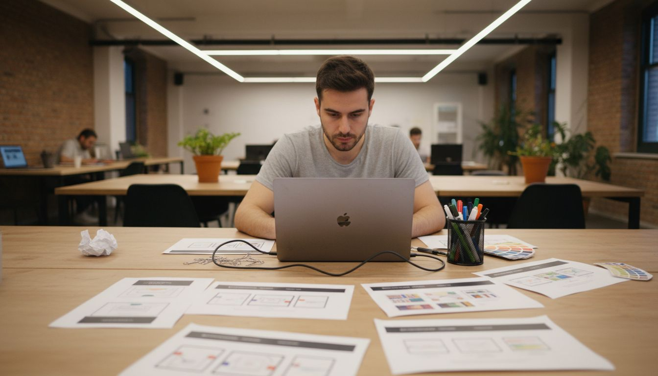 Designer arranging printed website page layouts