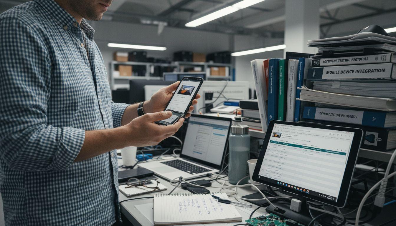 Tester checks websites on various mobile devices