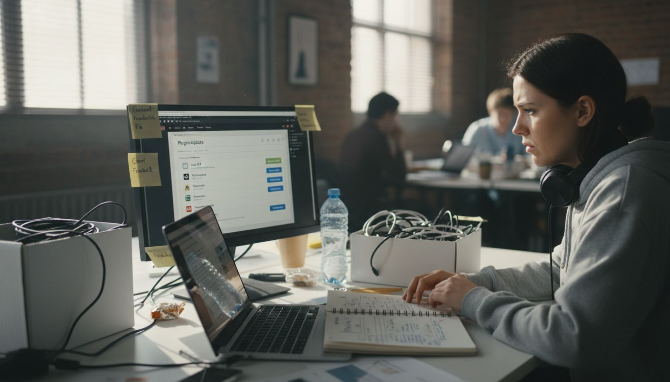 Developer updating website software at cluttered desk