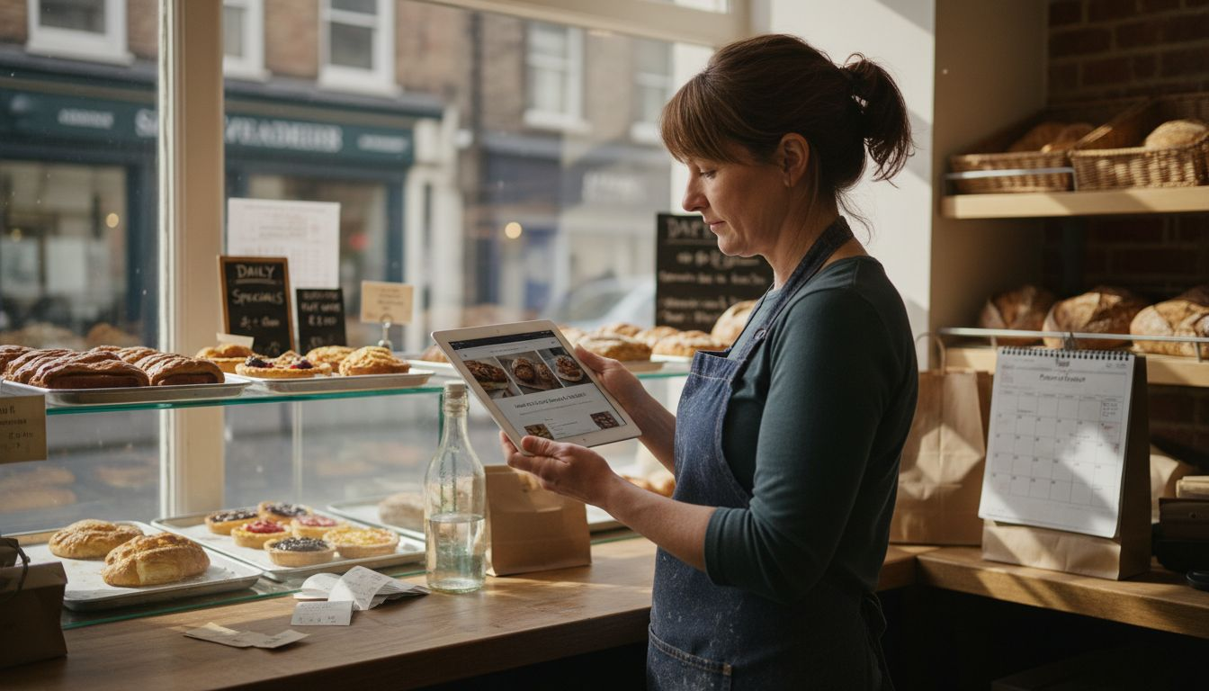 Owner checking bakery website on tablet