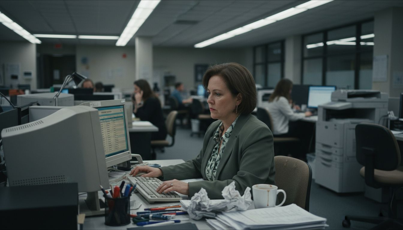 Clerk organizing digital patient files at desk