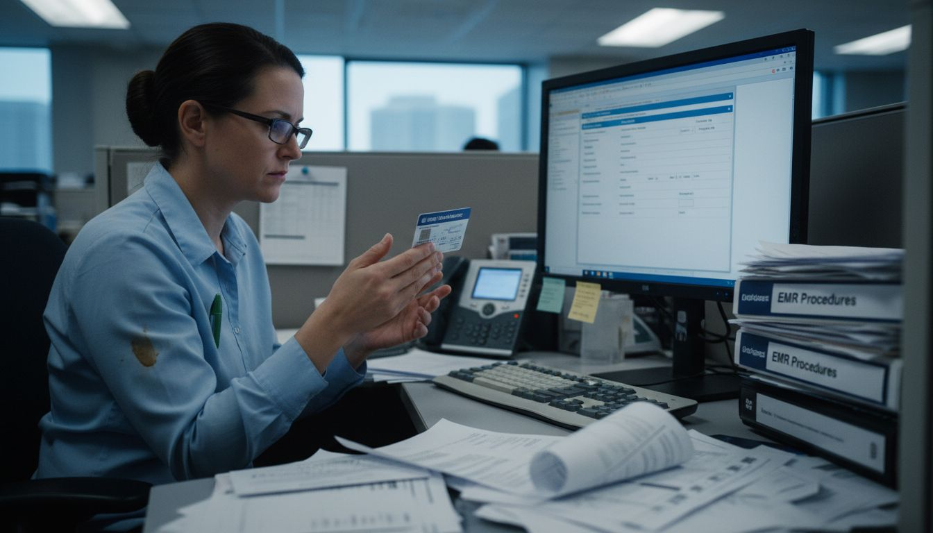 Admin reviewing insurance and EMR patient files