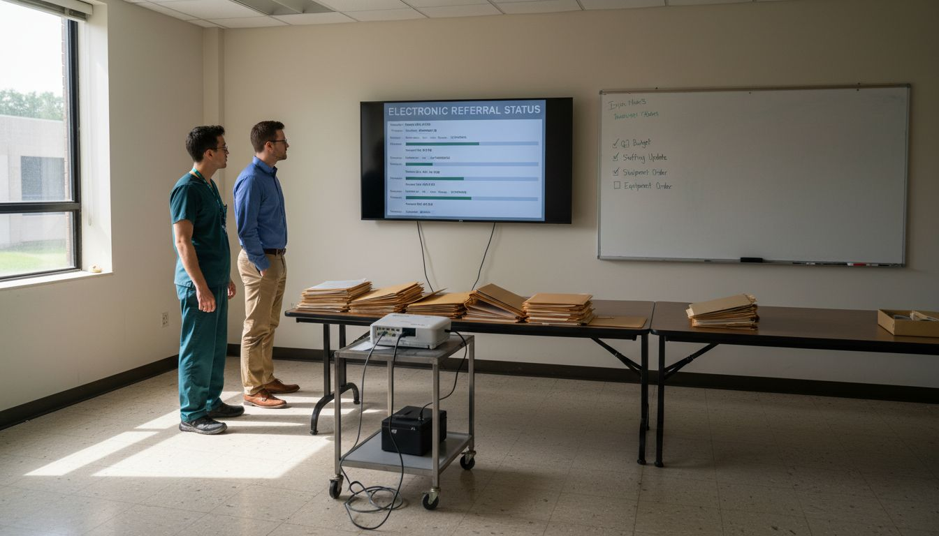 Team reviews digital referral dashboard in meeting room