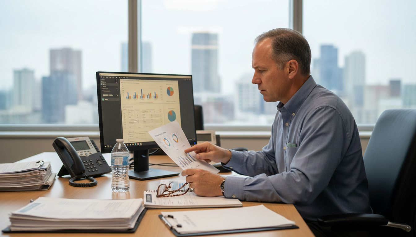 Healthcare administrator reviews patient data at table