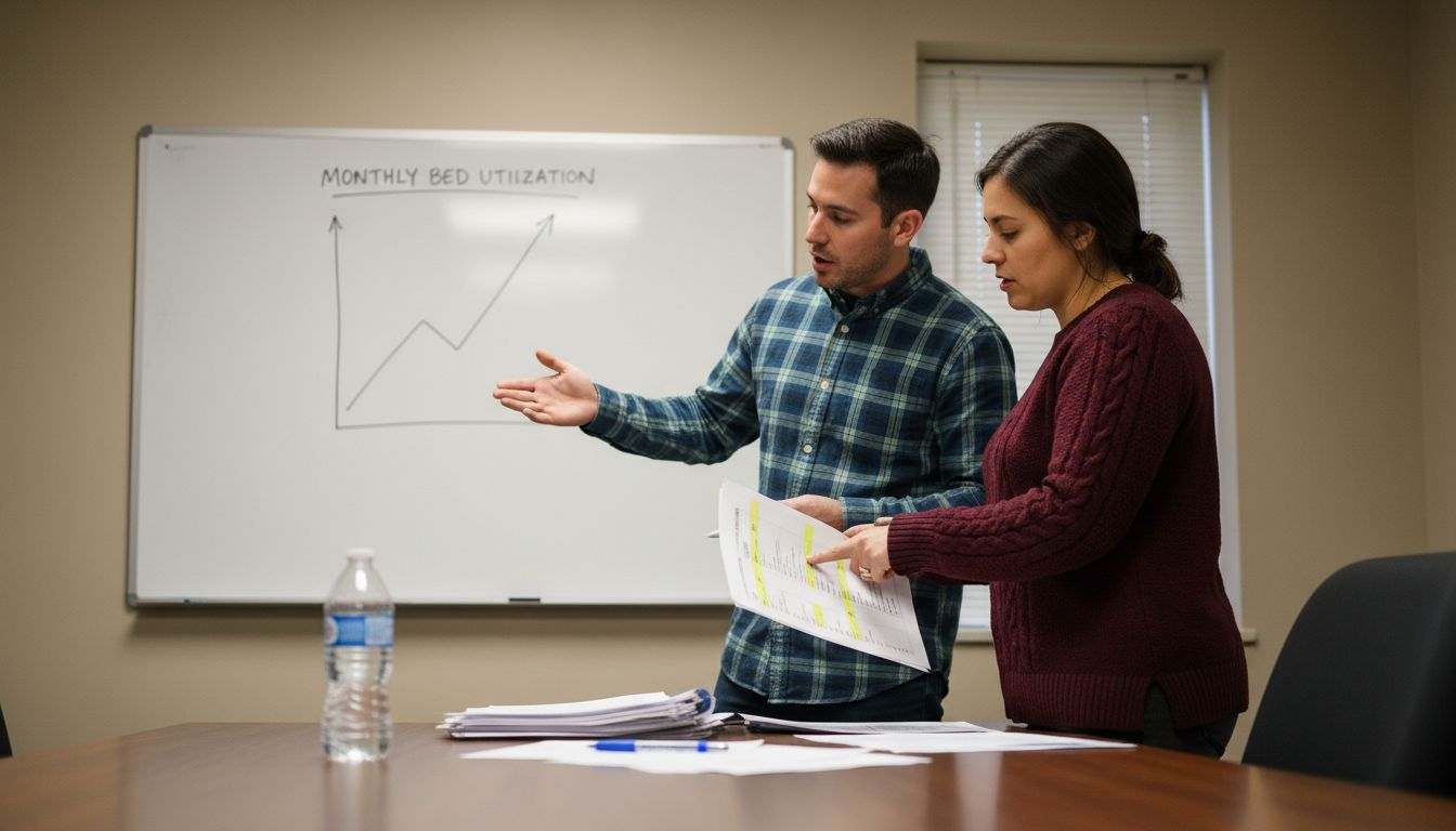 Managers reviewing printed bed occupancy report