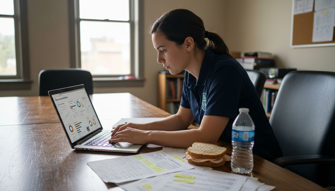 Coordinator checks intake dashboard on laptop