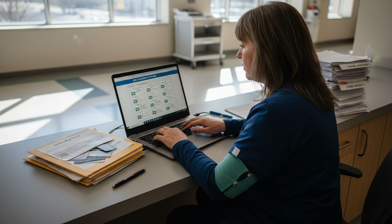 Technician entering patient data during intake