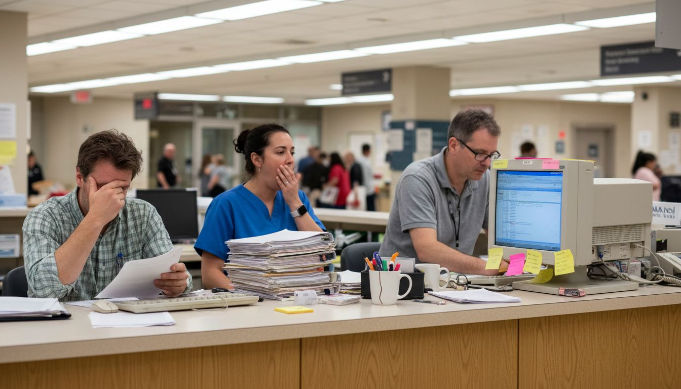 Tired admissions staff managing manual workload