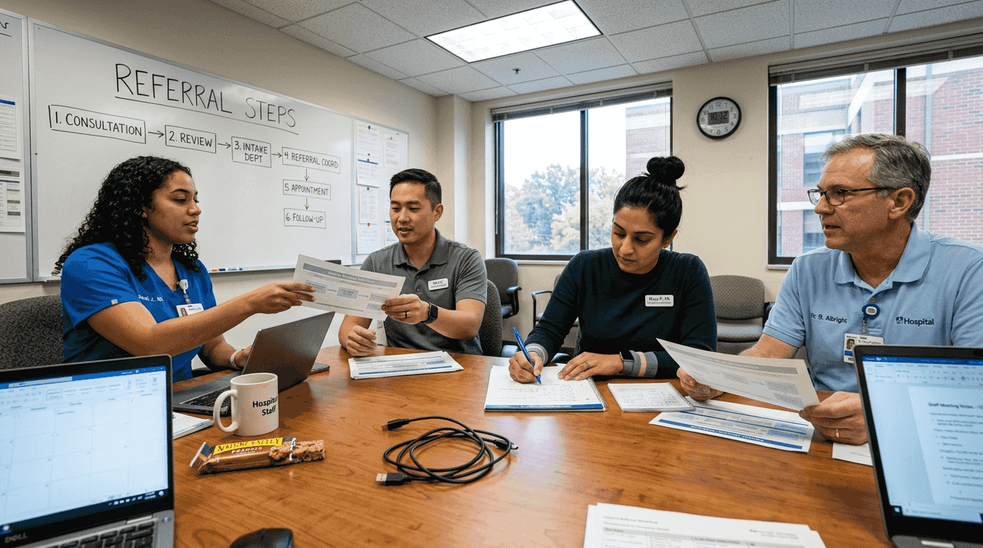 Team discussing referral workflow assignments