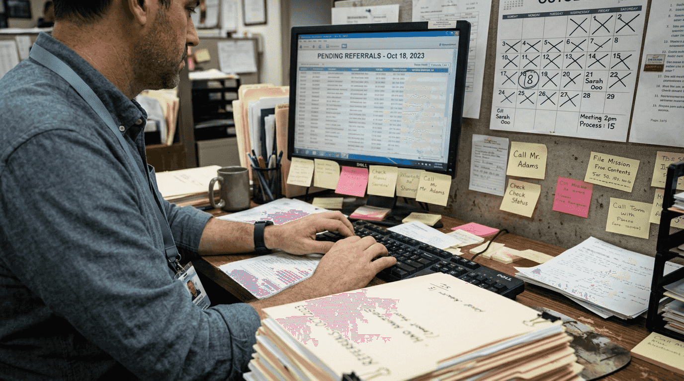 Admissions coordinator processing multiple referrals