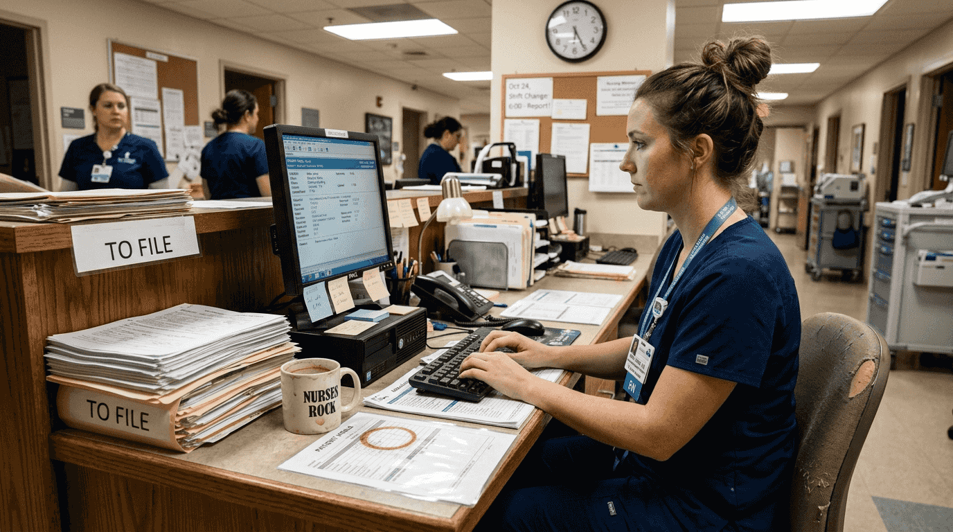 Nurse using computer for workflow automation