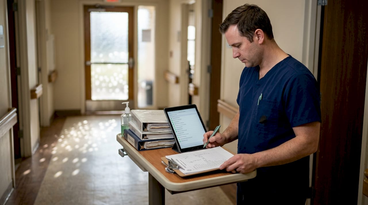 Nurse cross-checks patient intake checklist