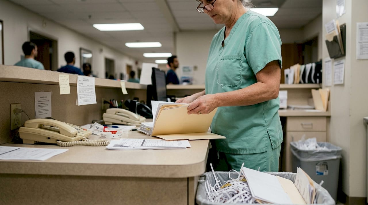Nurse sorting paper admissions forms on busy desk