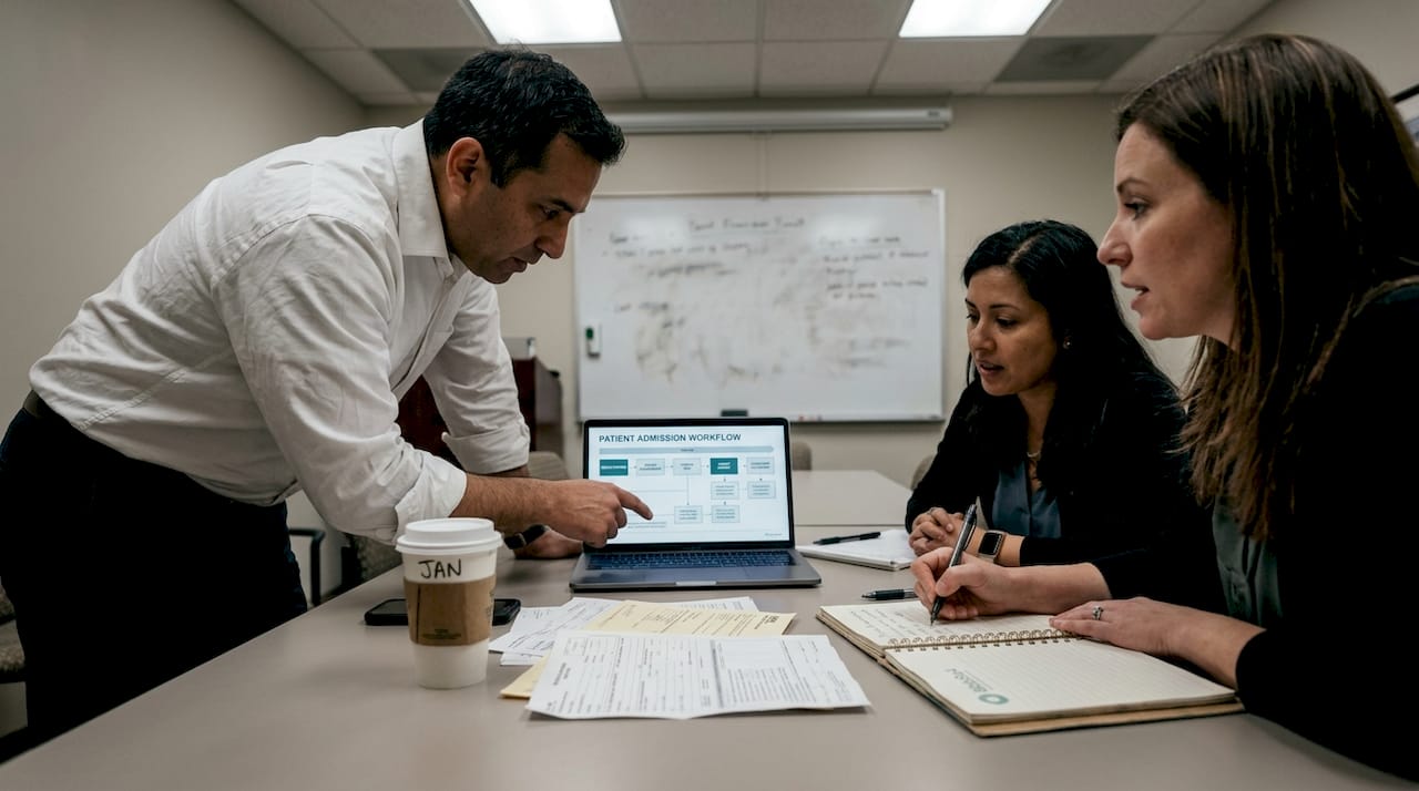 Healthcare team discusses referral workflow process