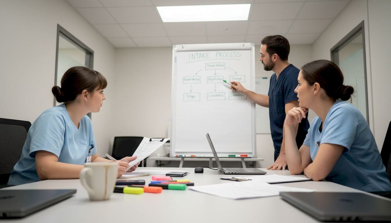 Healthcare team mapping admissions workflow