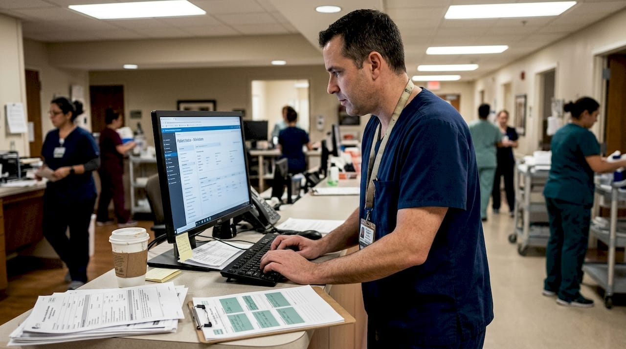 Nursing supervisor updating digital patient records