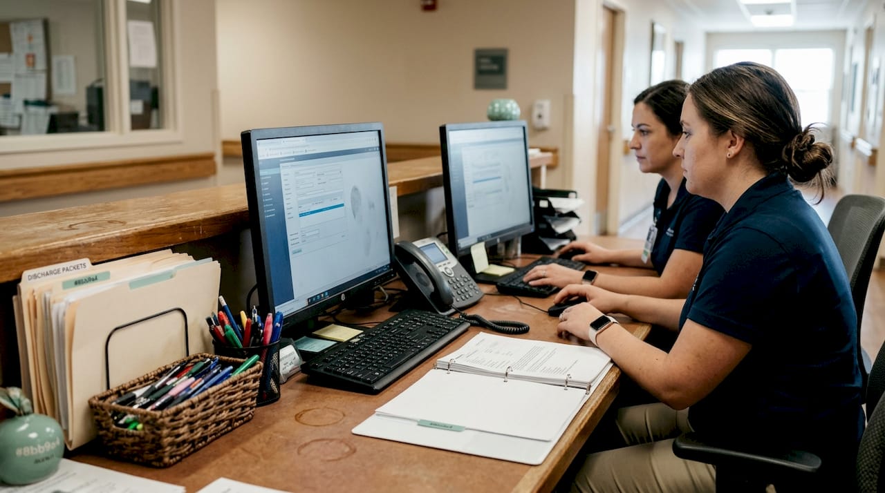 Staff entering patient referrals at nurses’ station