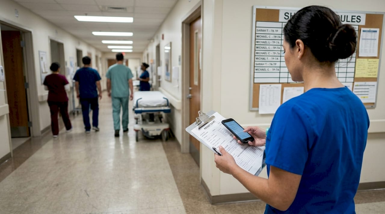 Nurse manager multitasking in hospital corridor
