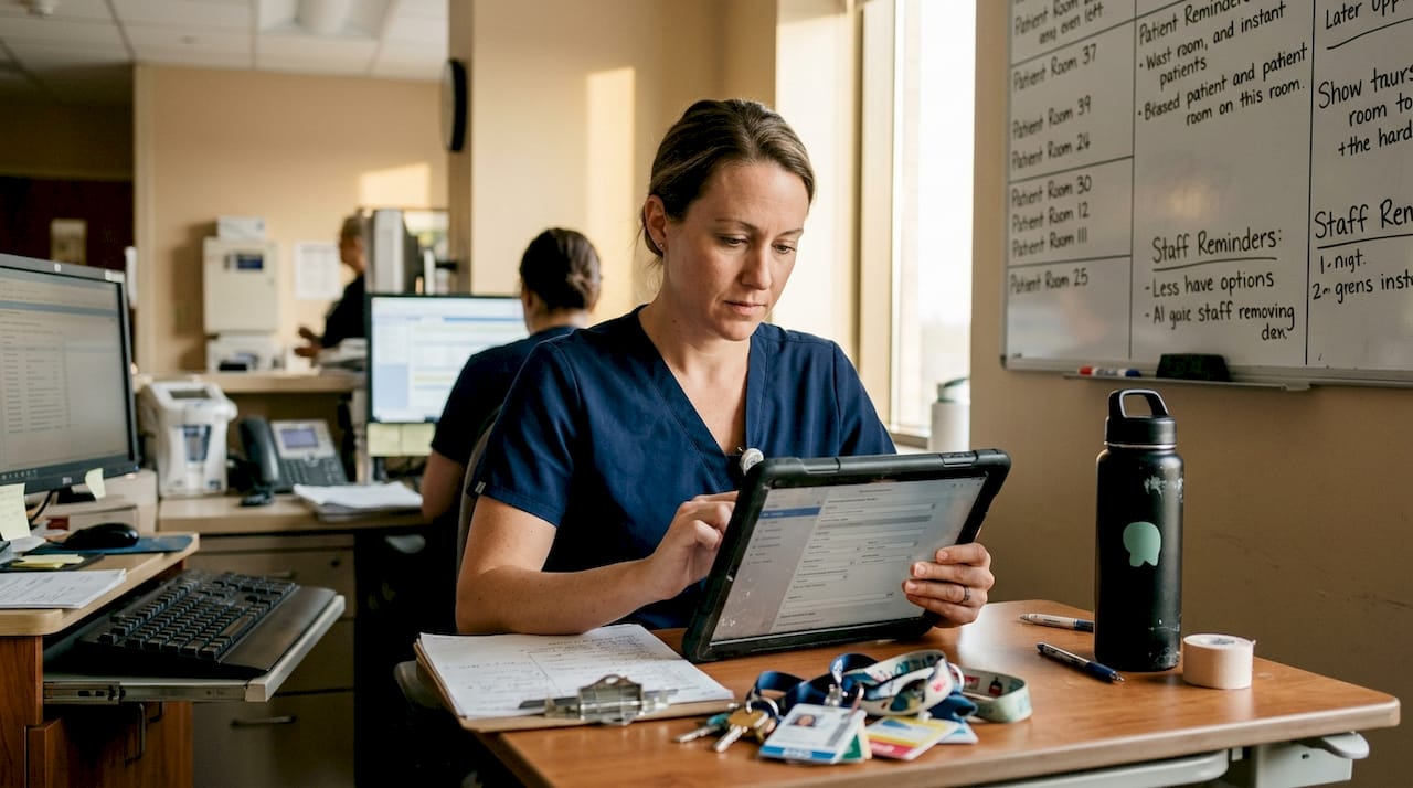 Nurse entering patient info on tablet