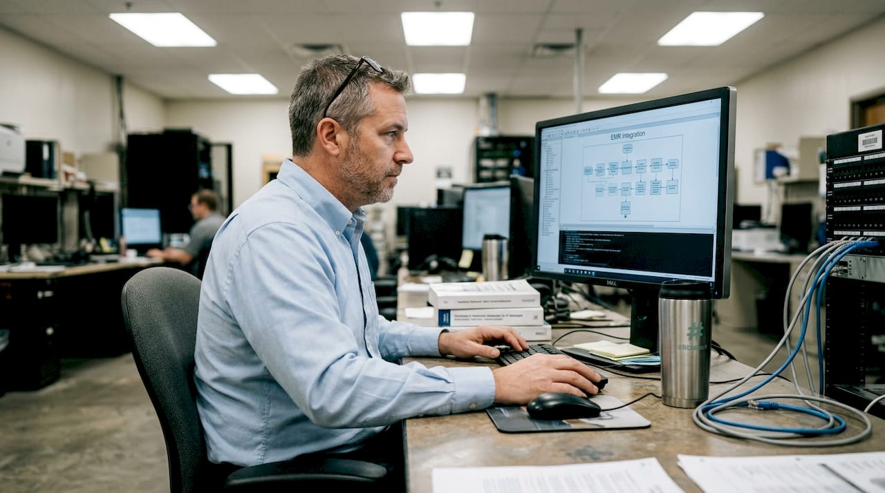 IT specialist reviewing EMR integration on screen