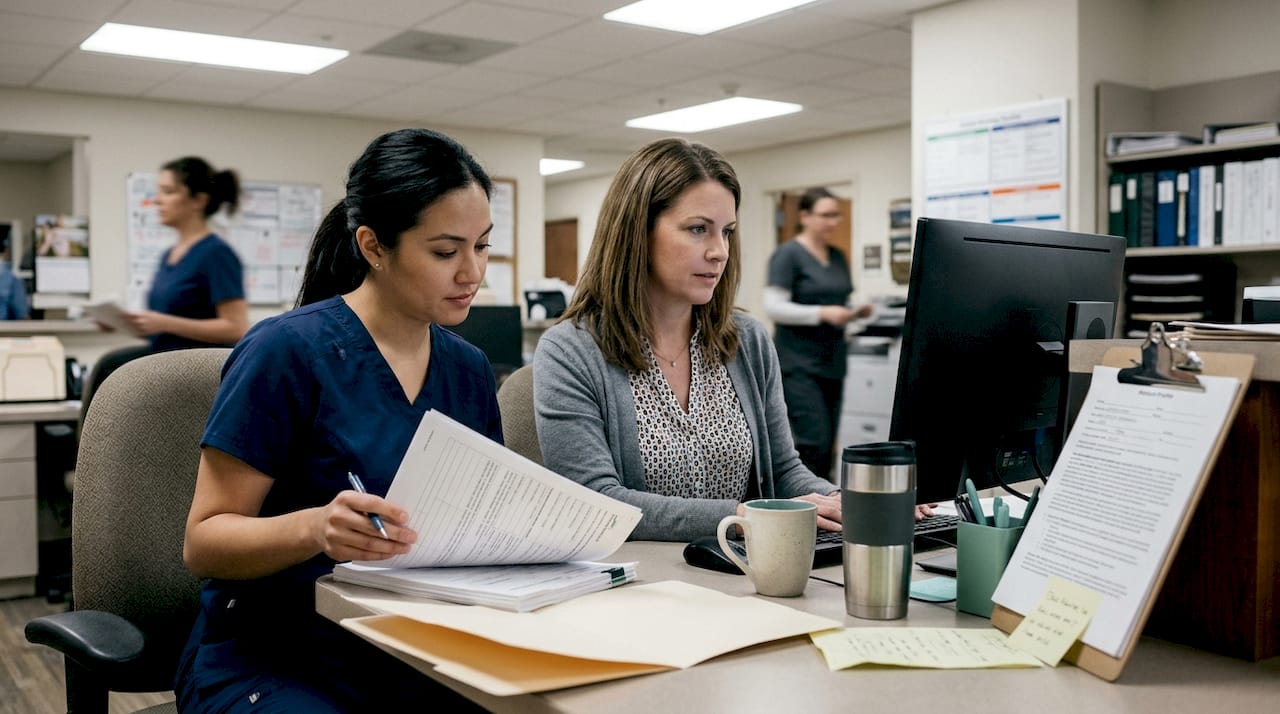 Staff comparing paper and digital patient records