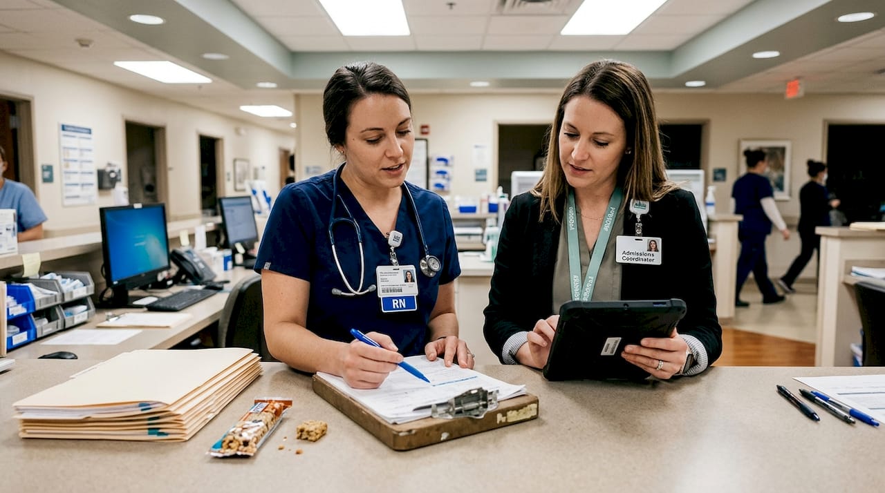 Staff collaborating on skilled nursing admissions checklist