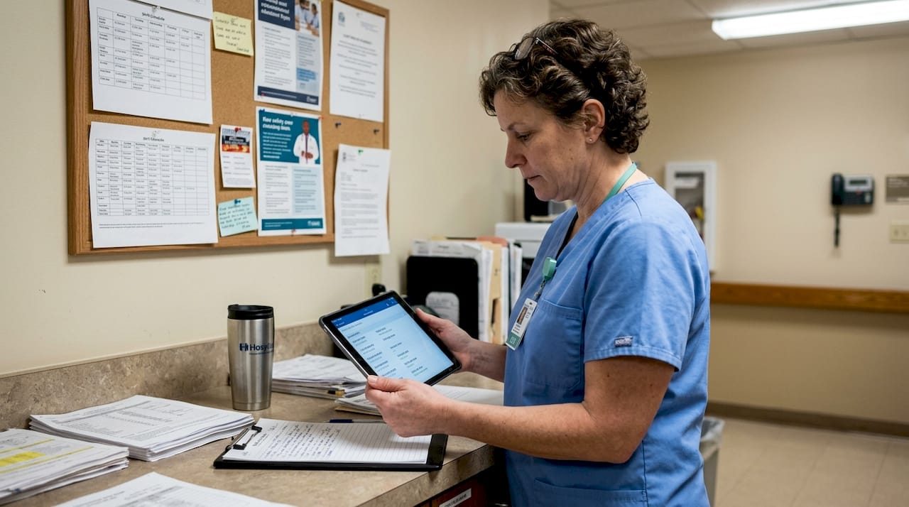 Nurse checks discharge alerts on tablet