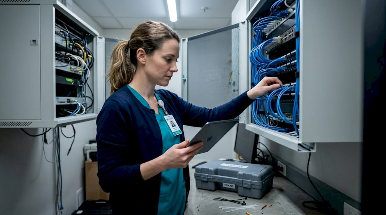 IT specialist reviewing healthcare system connectivity
