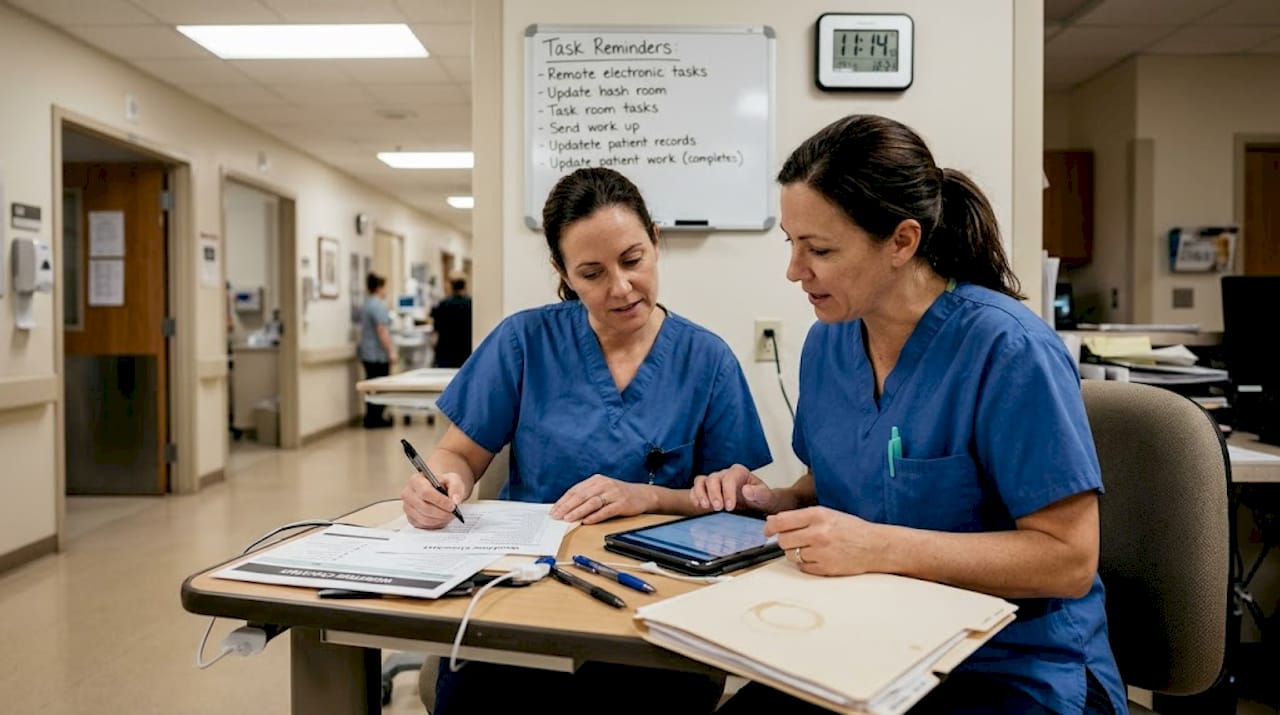 Nurses collaborating at hospital workflow station