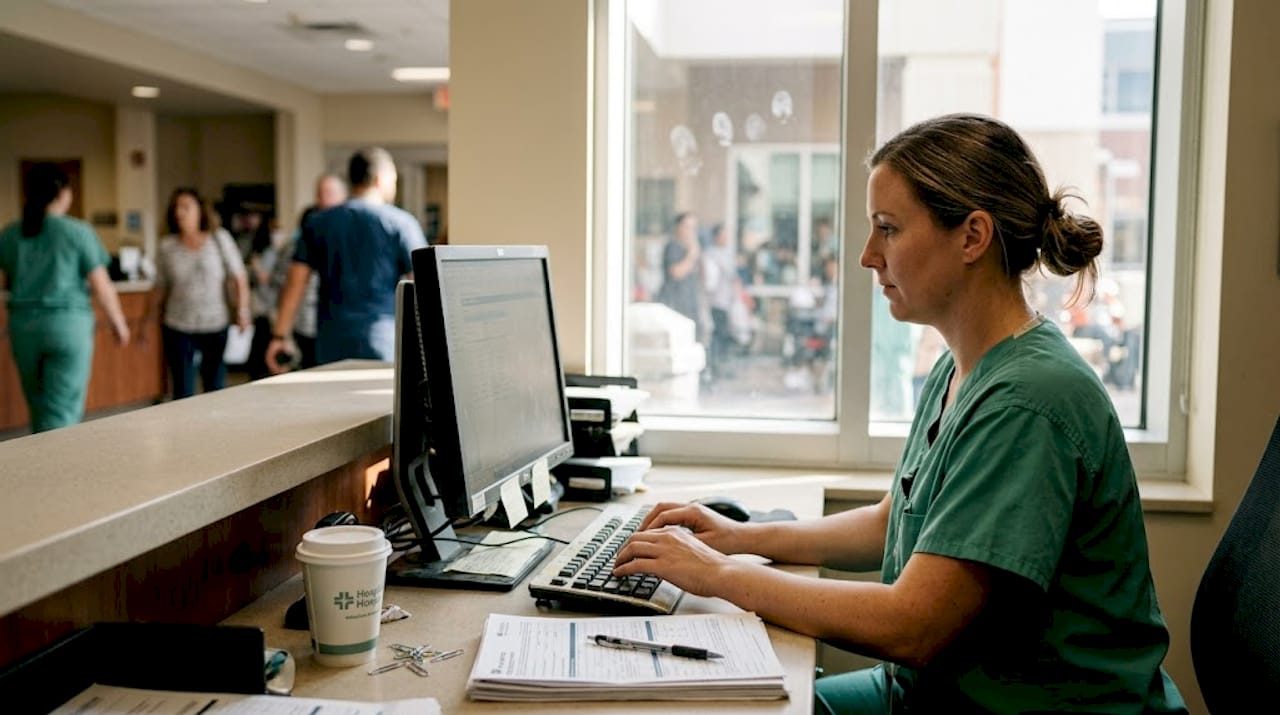 Admissions clerk inputs patient data at desk