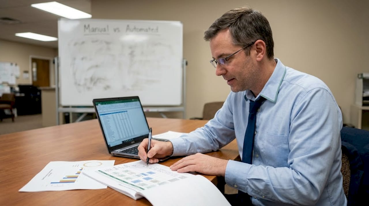 Manager comparing manual and automated workflows