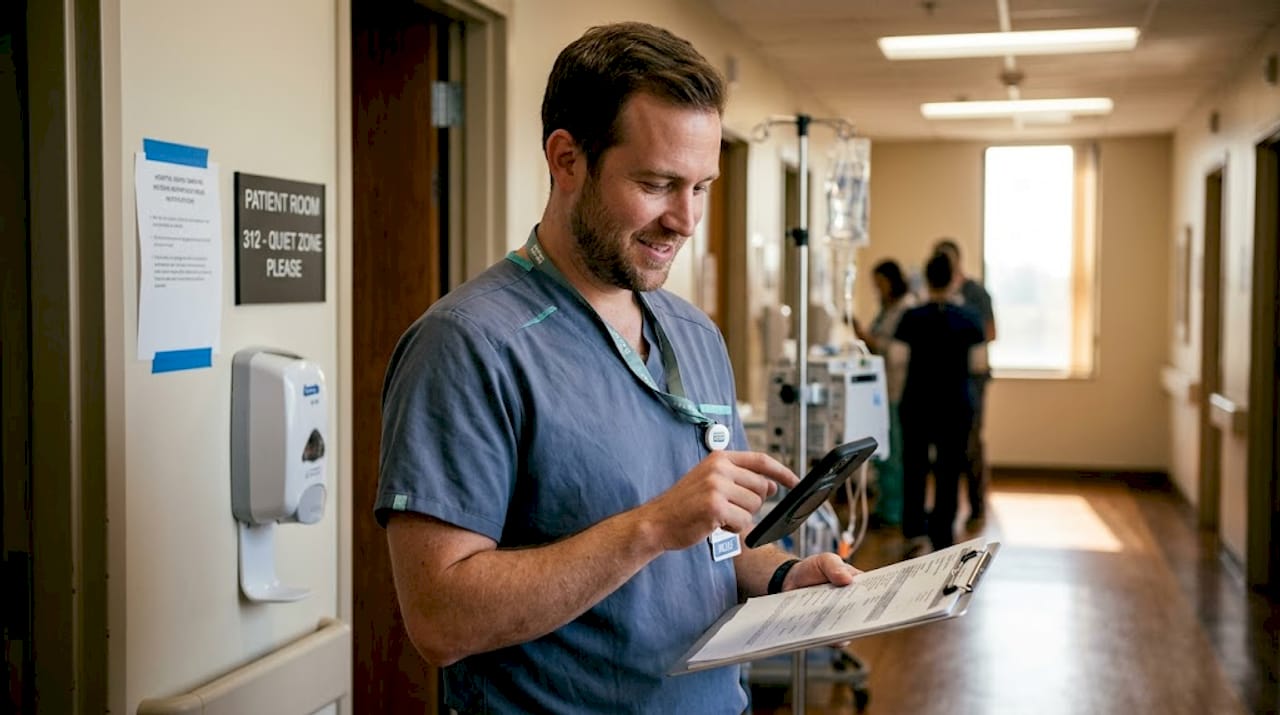 Nurse reviewing referral in hospital hallway