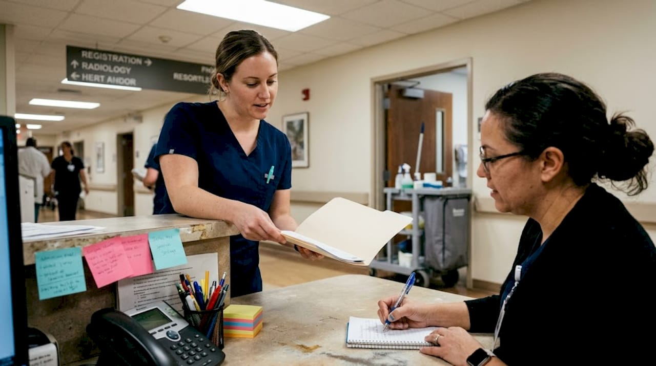 Nurse handing patient file to clerk